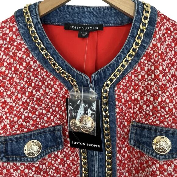 Boston Proper Jacket NWT Red Tweed Denim Trim Gold Chain Buttons Size 12 - Picture 3 of 15